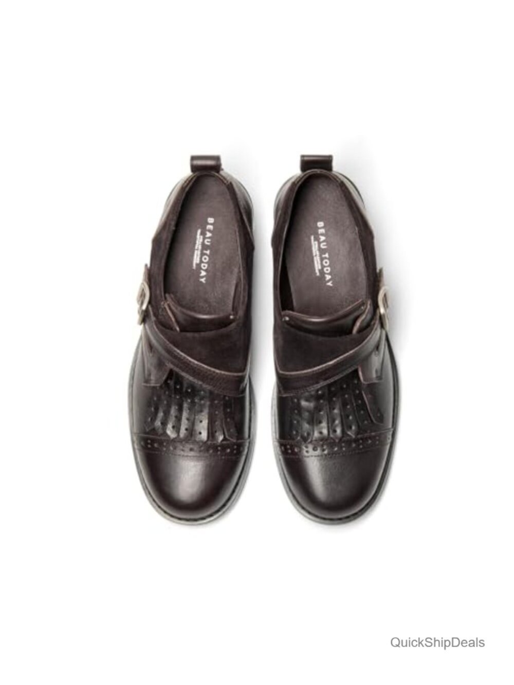 Women's Leather Loafers, Wingtip Brogue Monk Strap Shoes, Slip On